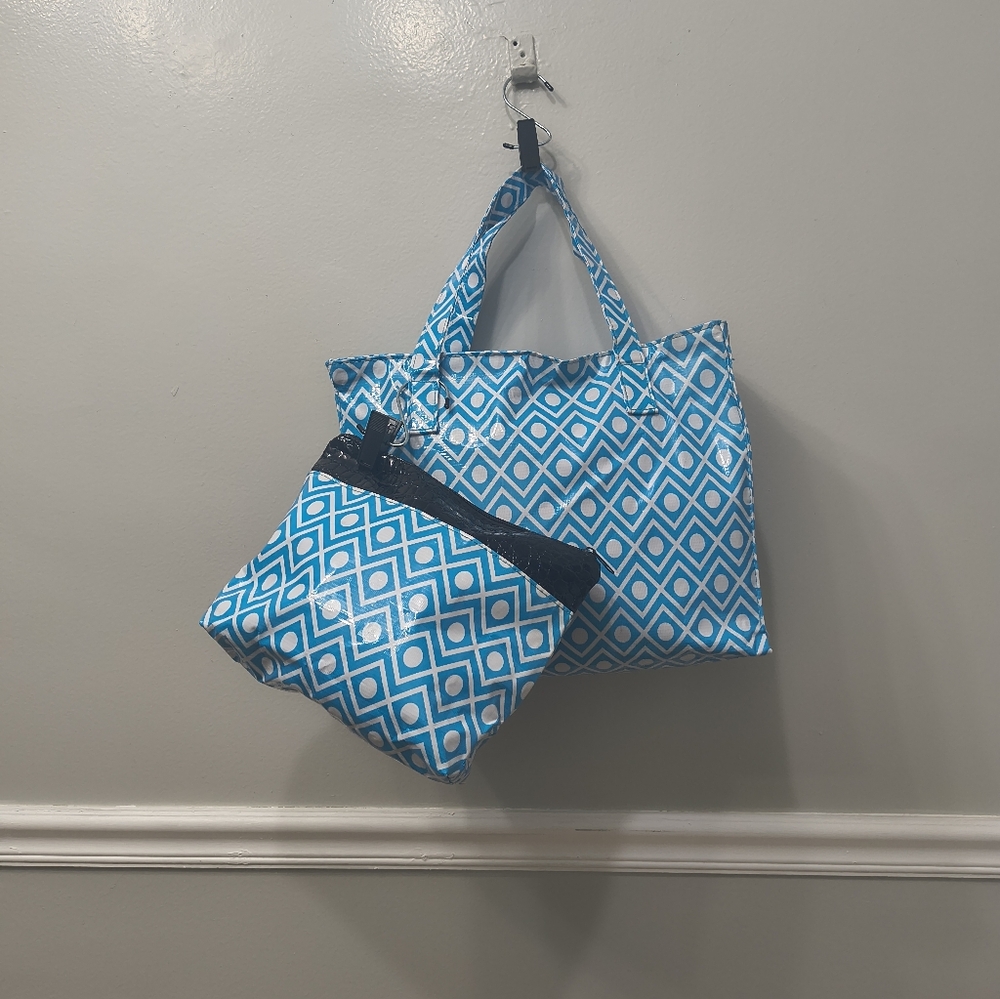 MSC Blue Geometric Tote/w Matching Pouch Travel Beach School Supplies Overnight